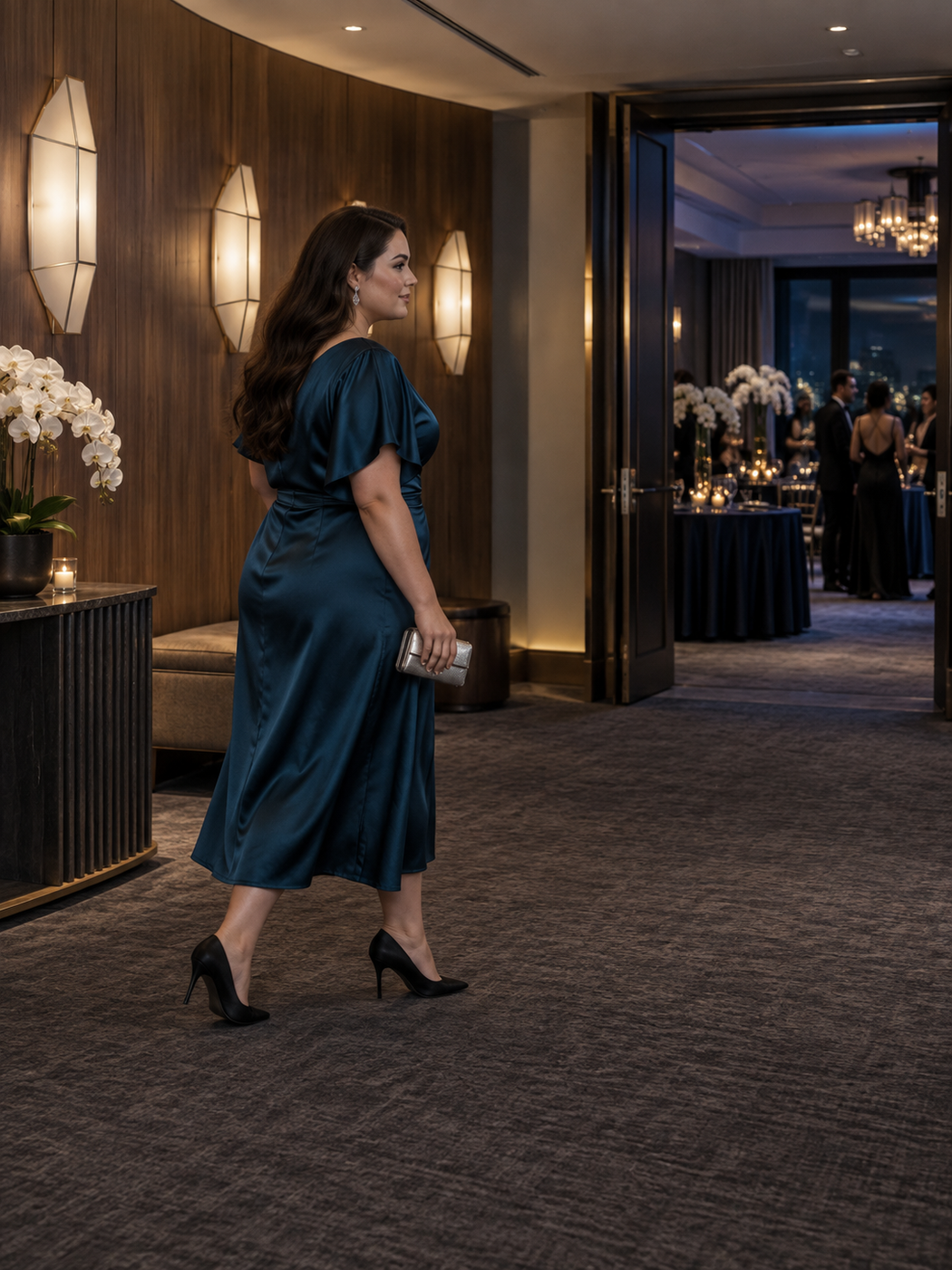 Cocktail wedding attire for a hotel or ballroom venue