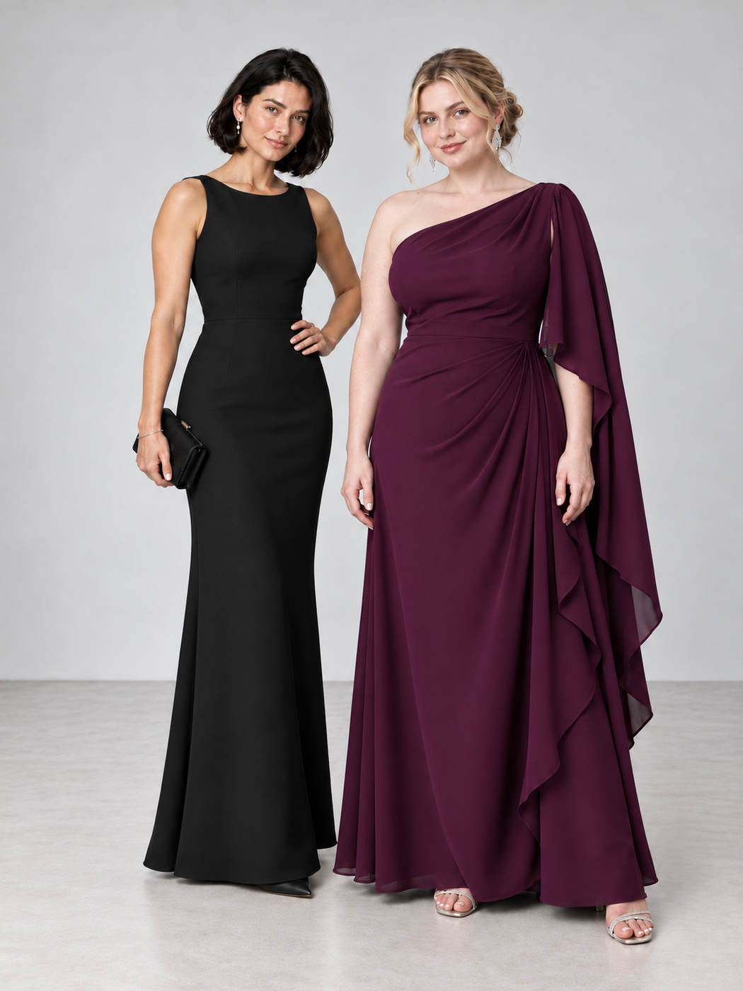 Two formal gowns: a black sleeveless column gown and a plum one-shoulder draped gown