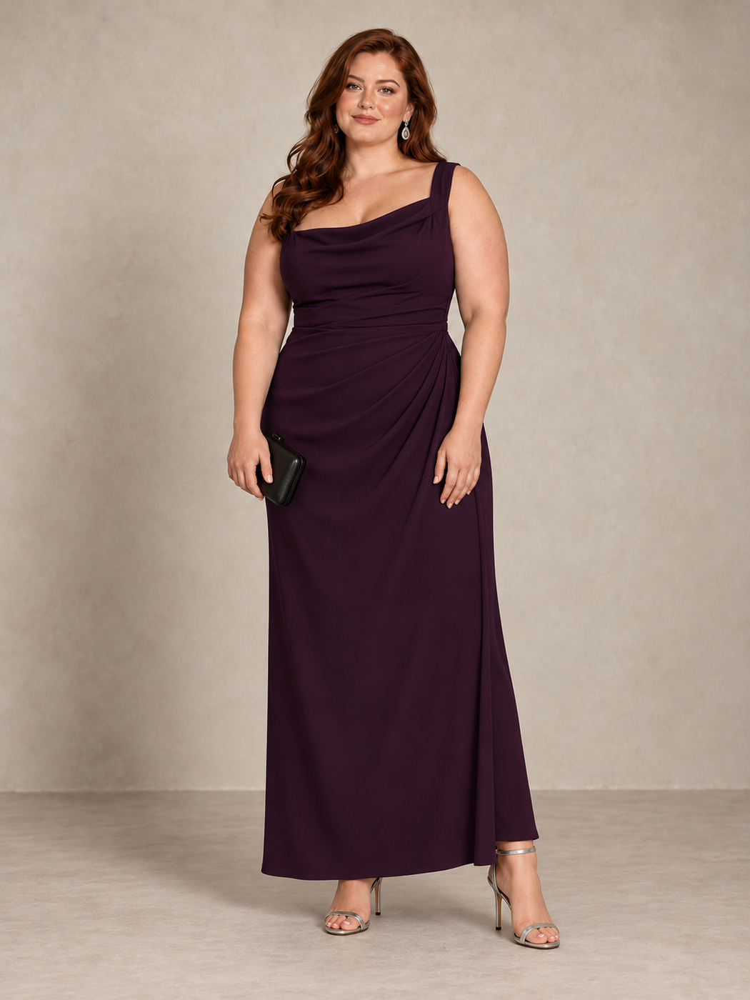 Plum draped sleeveless maxi dress with metallic heels