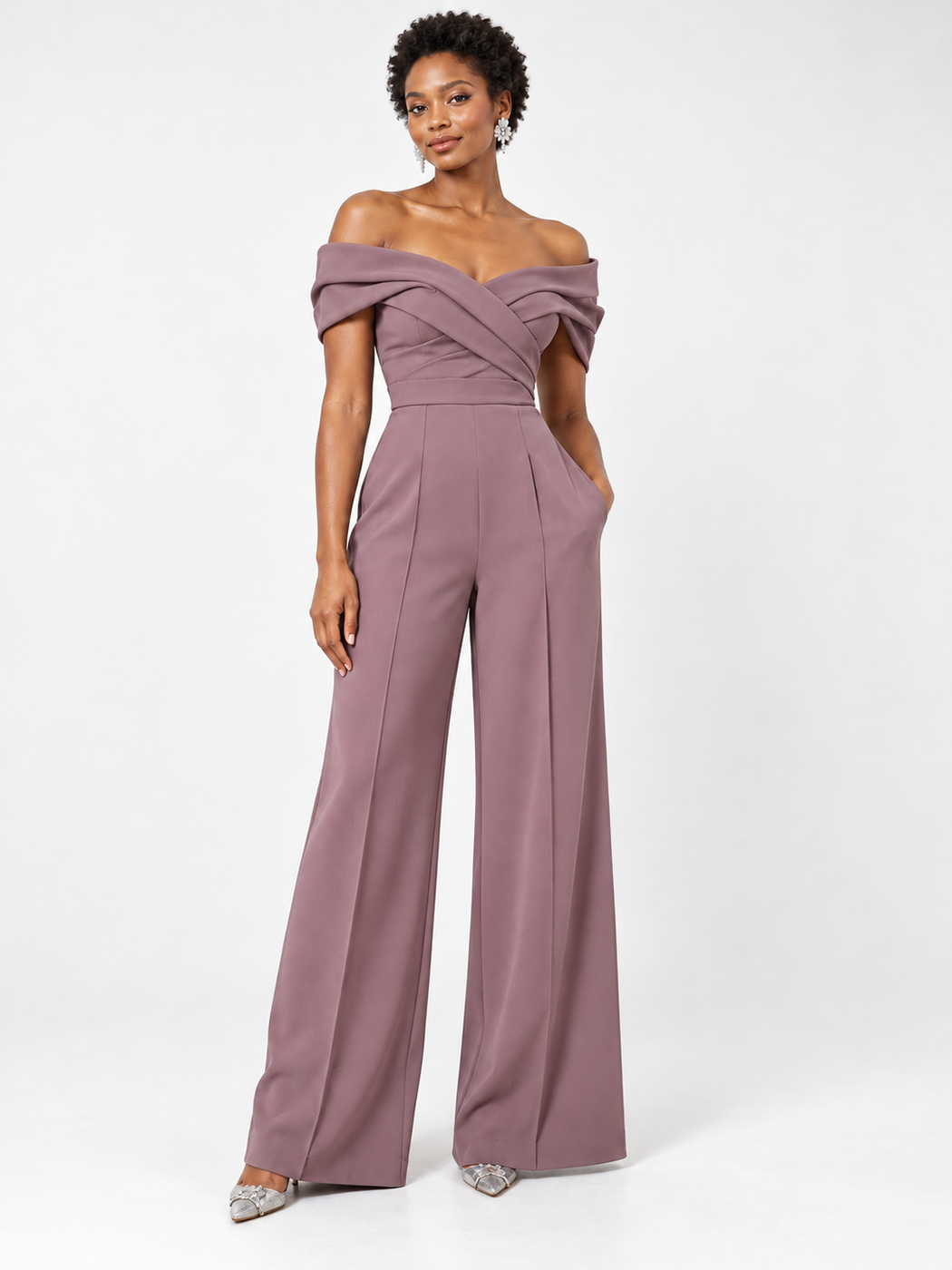 Mauve off-the-shoulder wide-leg jumpsuit with sparkly heels