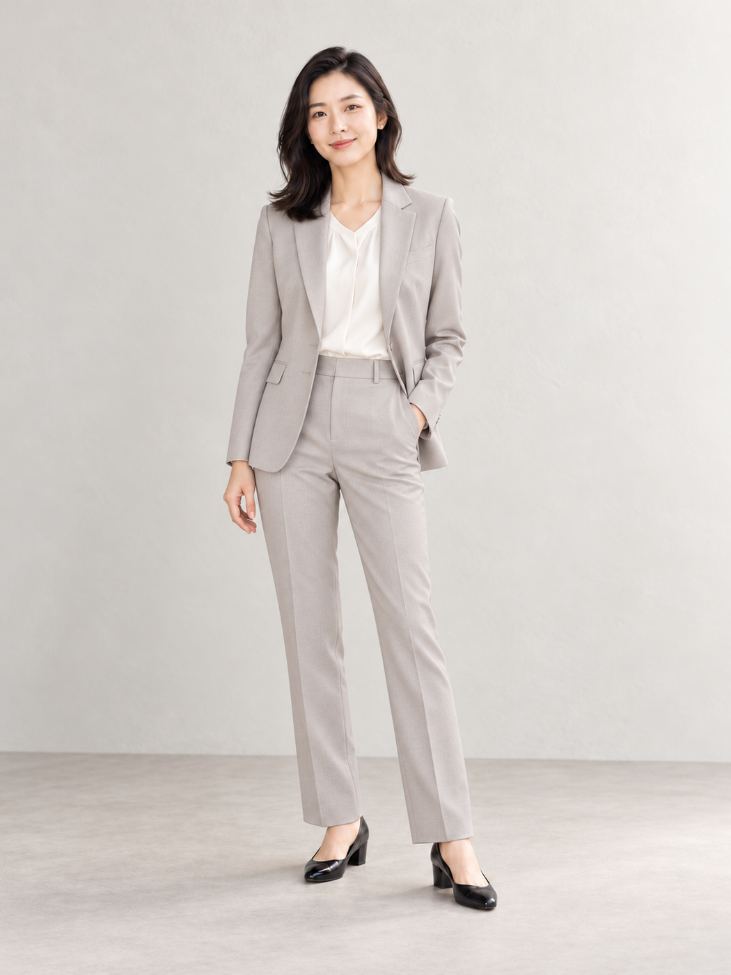 Taupe blazer and matching trousers with a cream top and black pumps