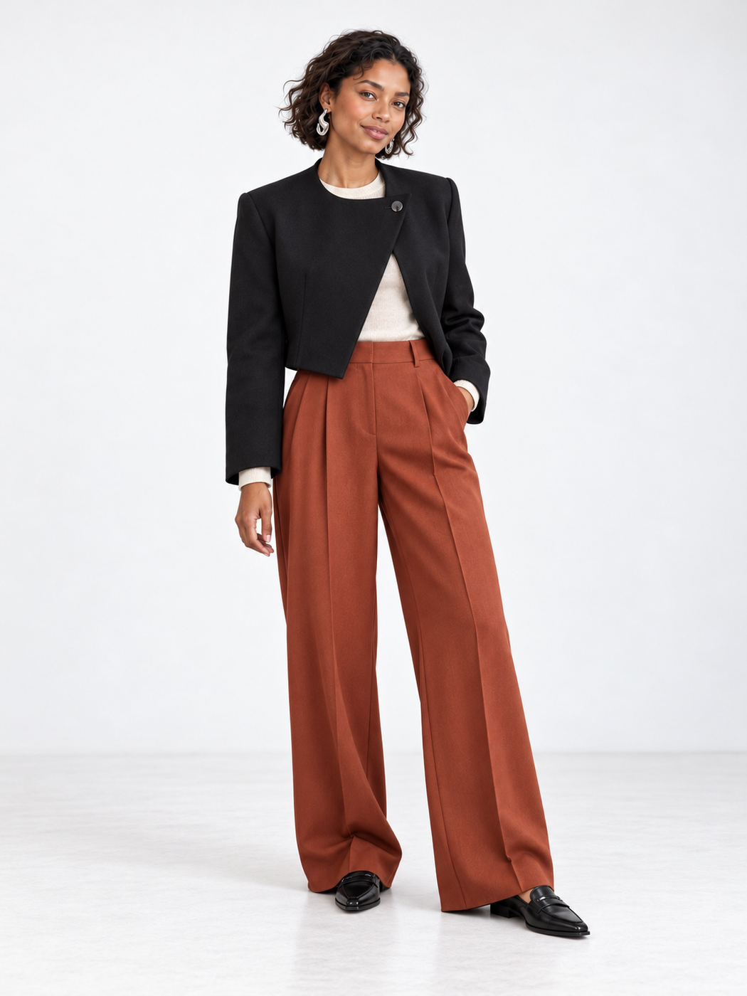Black cropped jacket with rust wide-leg trousers and black loafers