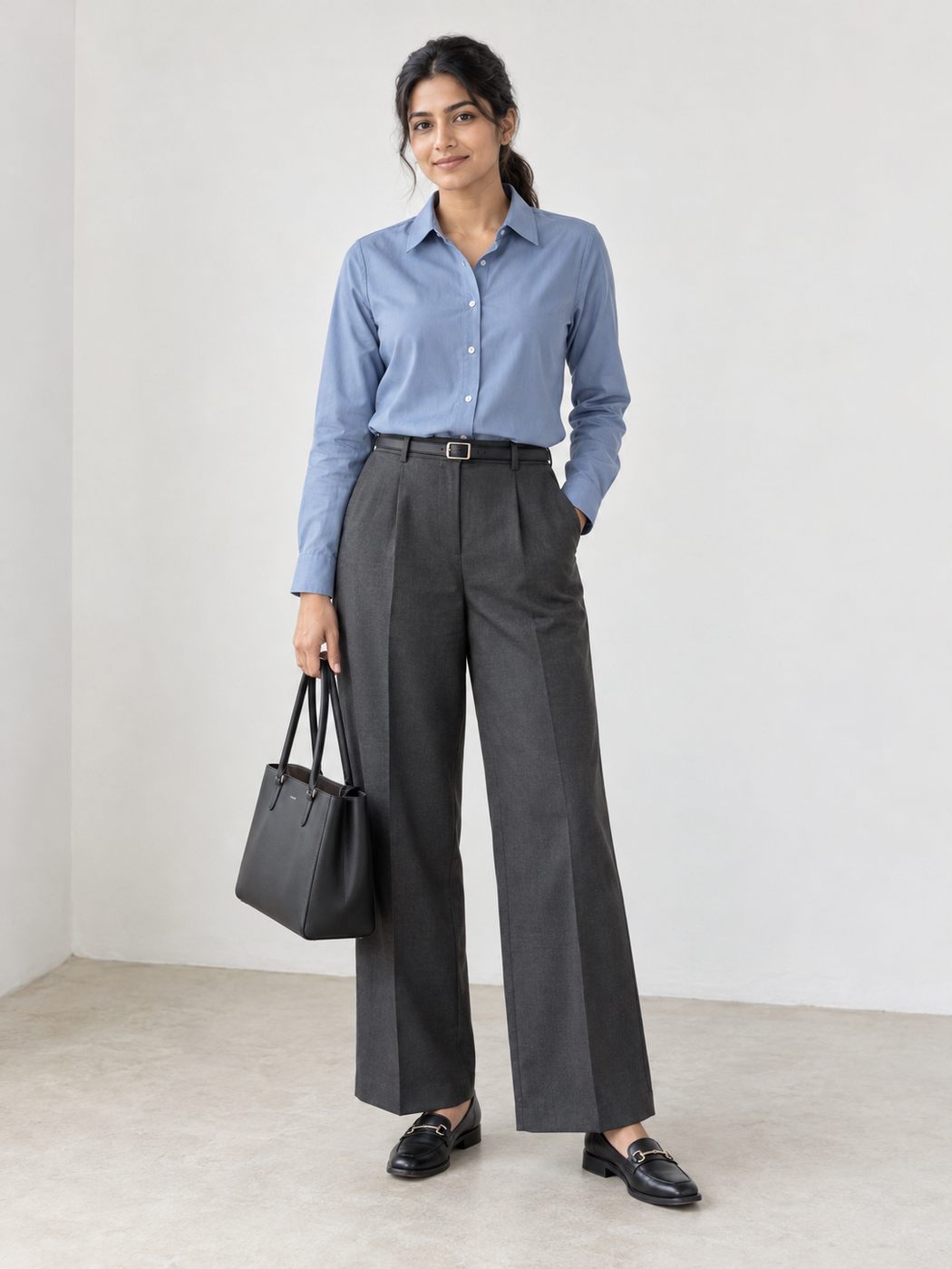 Blue button-up shirt with gray wide-leg trousers, black loafers and a black tote