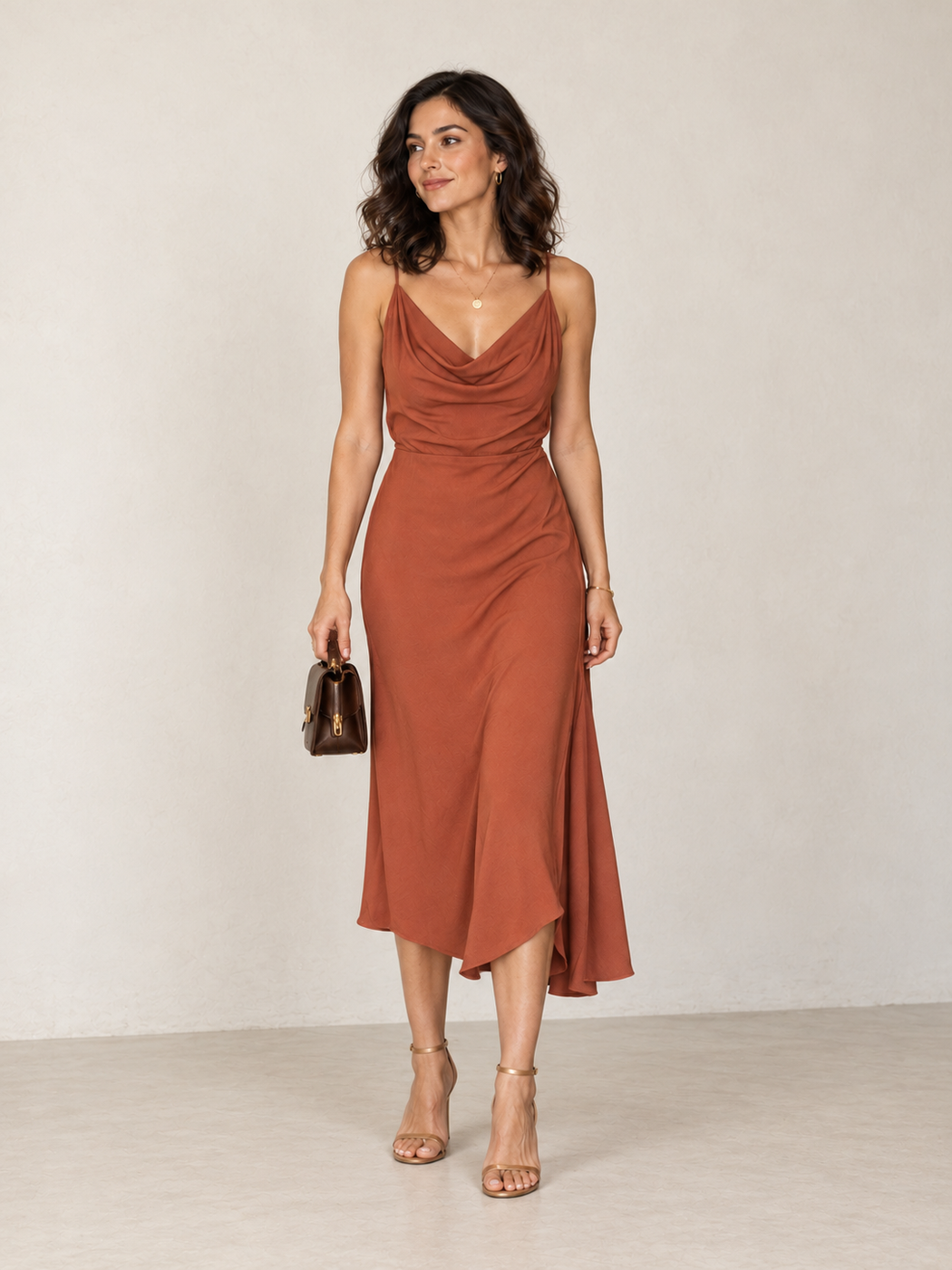 Rust cowl-neck slip midi dress with a brown top-handle bag and tan heeled sandals