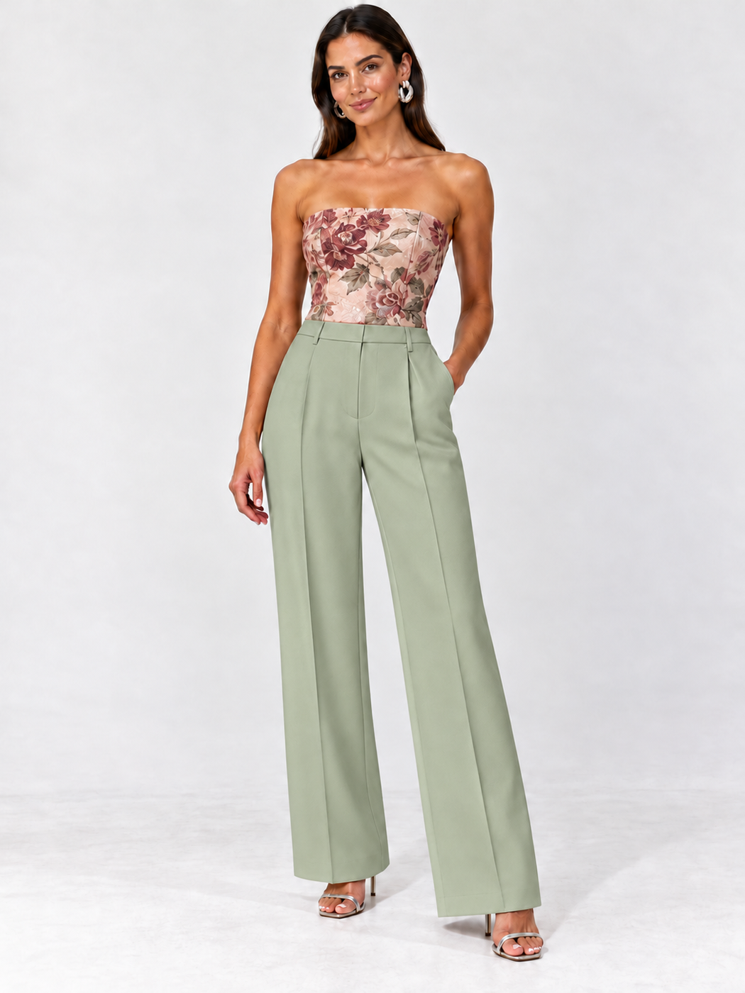 Floral bandeau top with sage wide-leg trousers and strappy heels