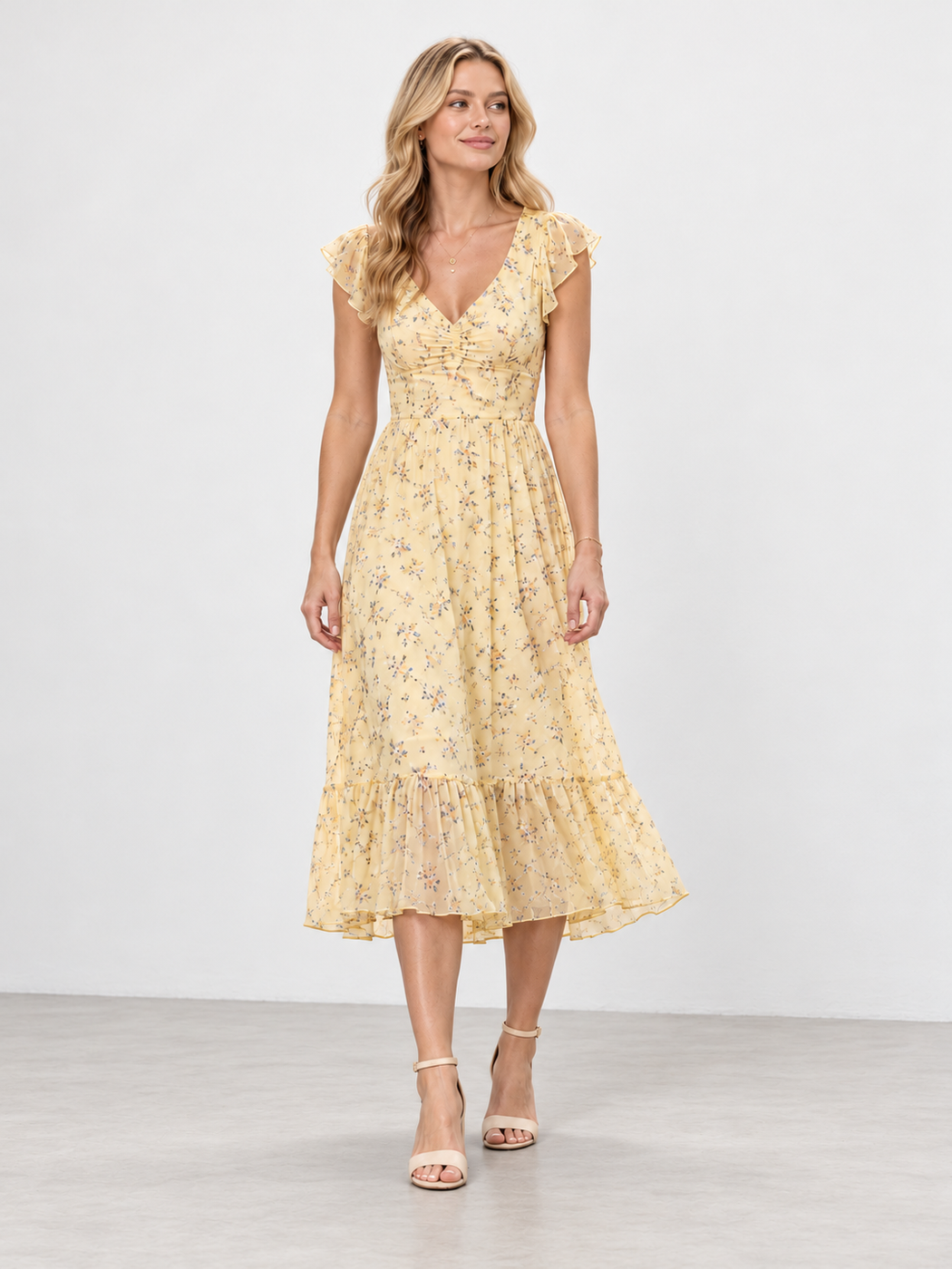 Yellow floral midi dress with flutter sleeves and nude heeled sandals