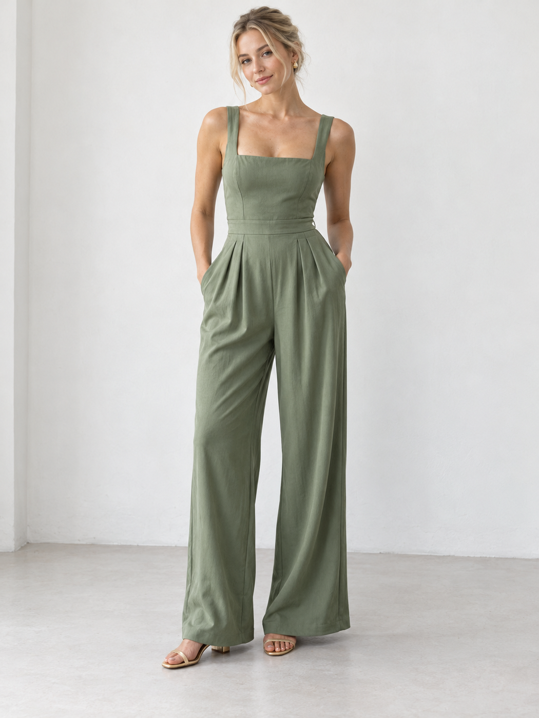 Sage green wide-leg jumpsuit with a square neckline and tan sandals