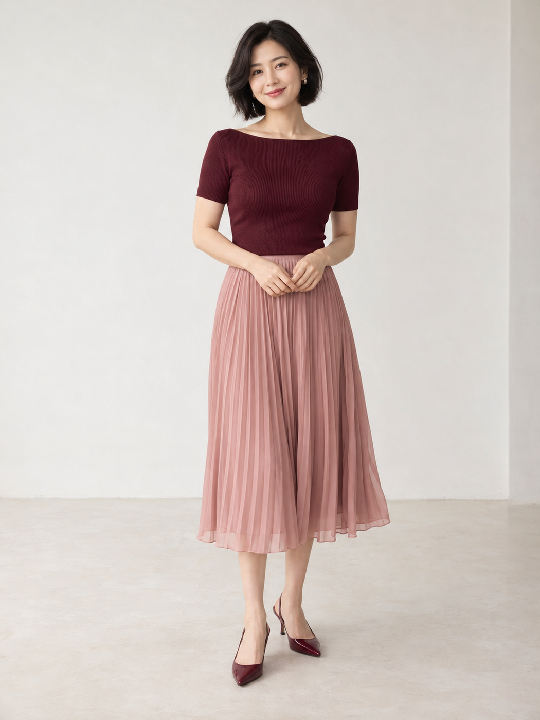 Burgundy short-sleeve top with a blush pleated midi skirt and burgundy pumps
