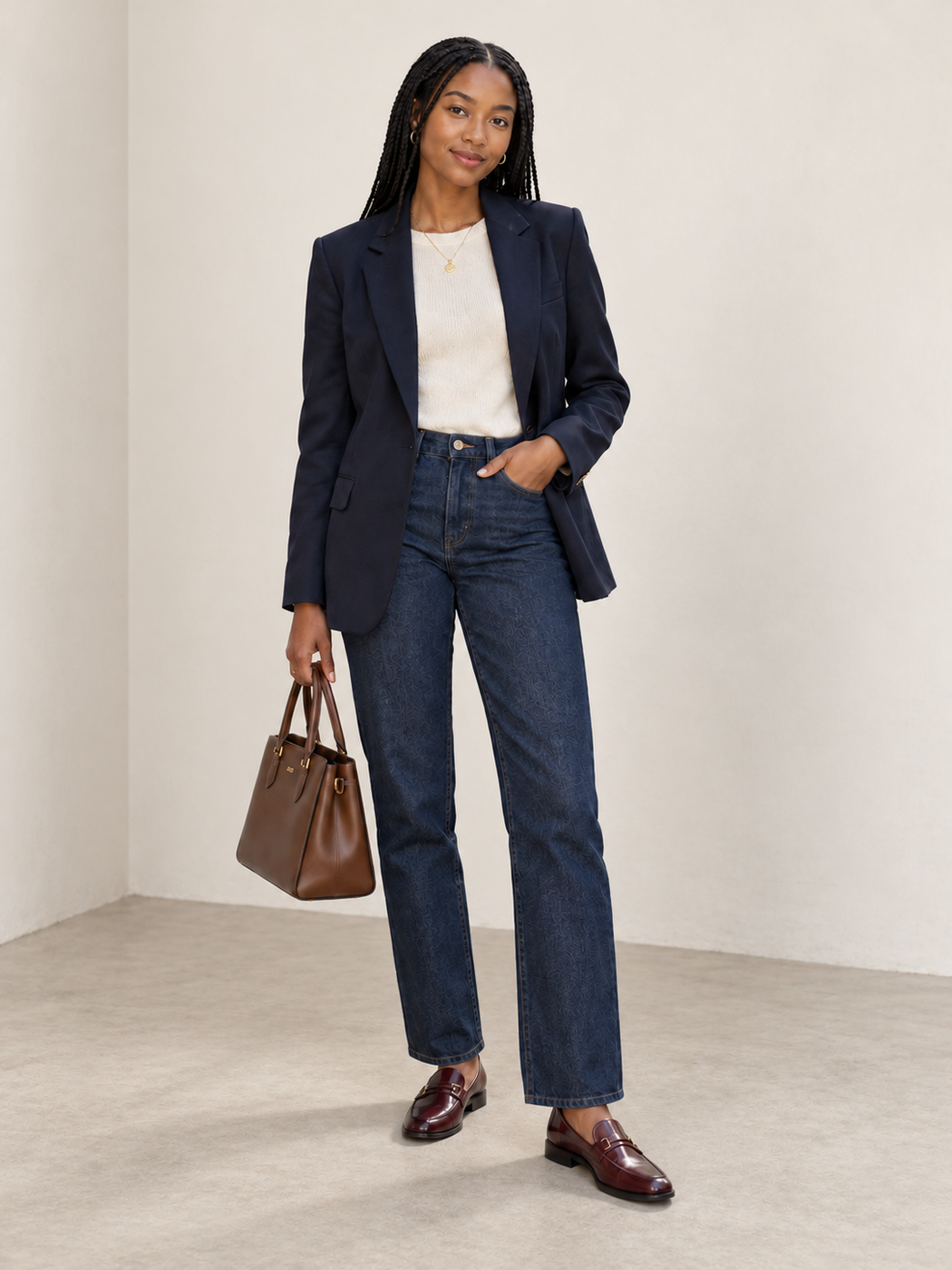 Navy blazer over a cream top with dark jeans, burgundy loafers and a brown tote