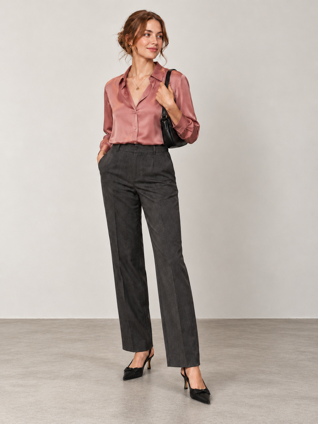 Rose satin blouse with charcoal trousers and black slingback heels