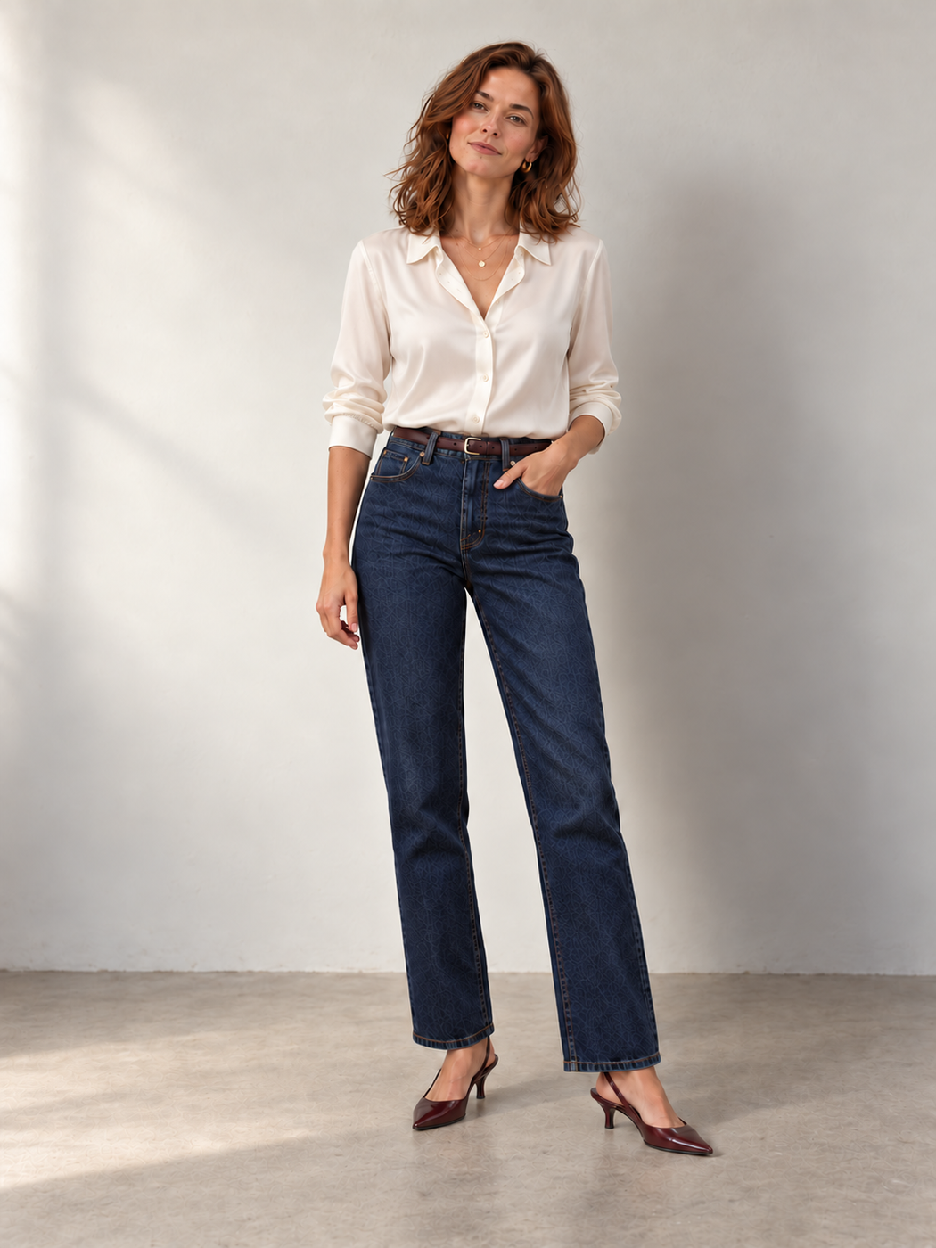 Cream blouse with dark straight-leg jeans and burgundy slingback heels