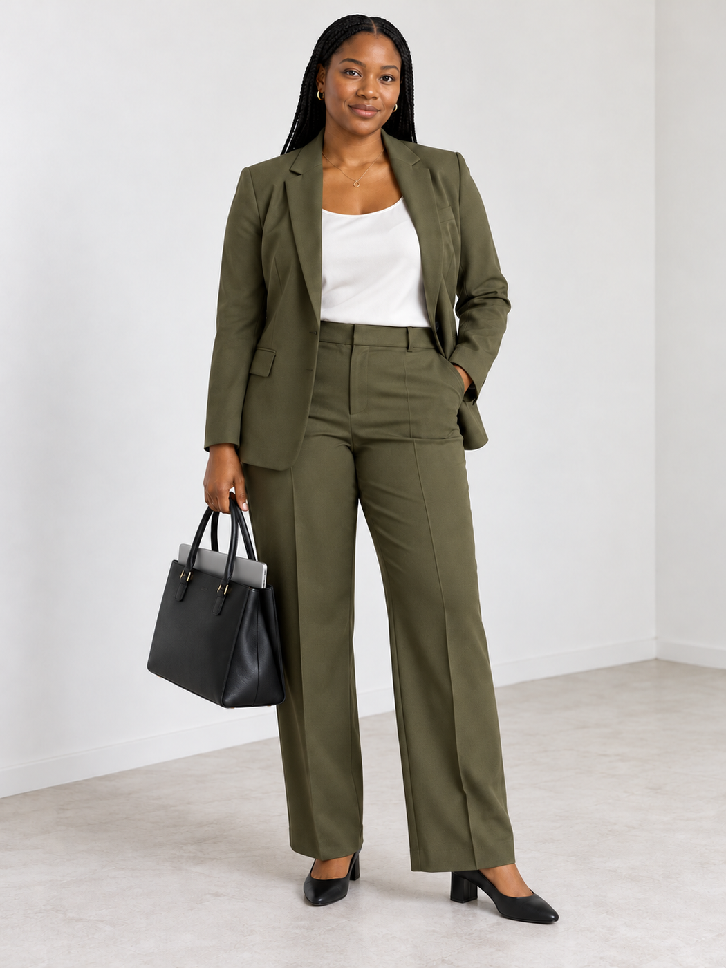Olive trouser suit with a white top, black pumps and a black tote
